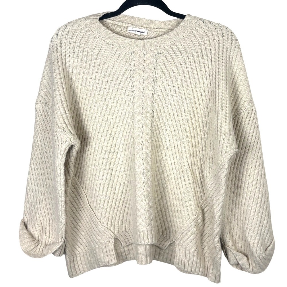 Anthropologie Little Lies Cream Emily Cable Knit Sweater Crew Neck Ivory M/L - Picture 3 of 4